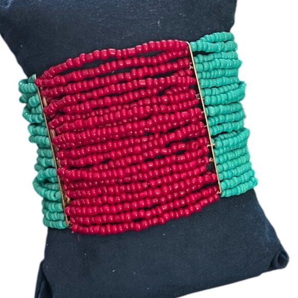 Rustsic Cuff Multi Strand Seed Bead Stretch Bracelet Turquoise and Coral Colors - Picture 1 of 3